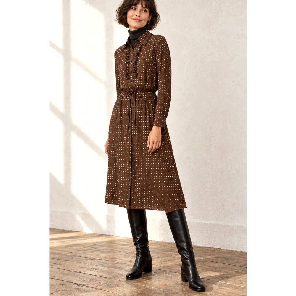 Nili Lotan 6 Sasha Midi Shirt Dress $795 Polka Dot 100% Silk Ruffle Brown - Picture 2 of 13